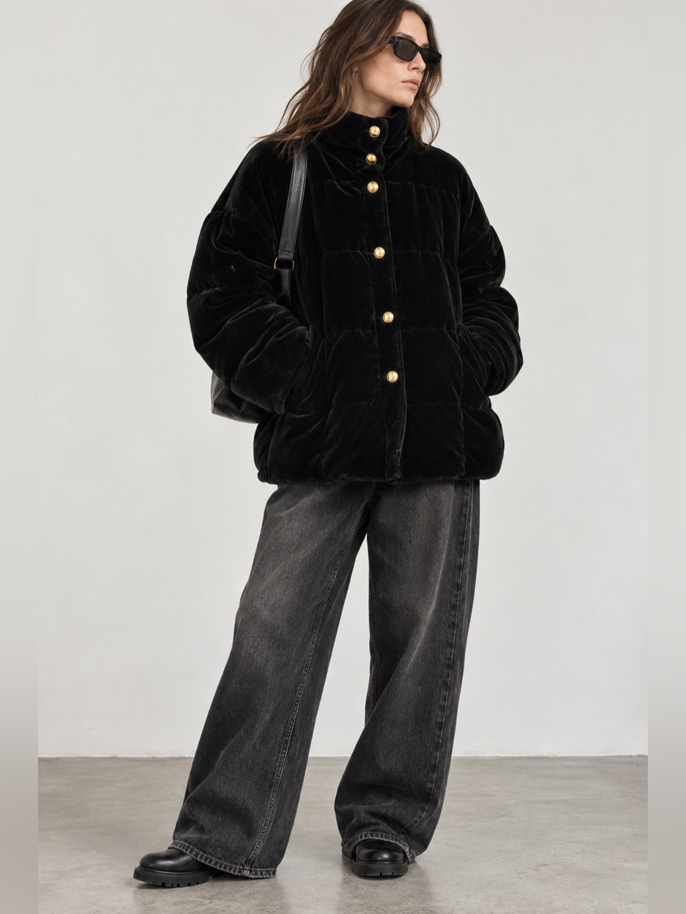 Vintage MONDI Black Velvet Puffer Jacket Gold Buttons Avant Garde Oversized 38